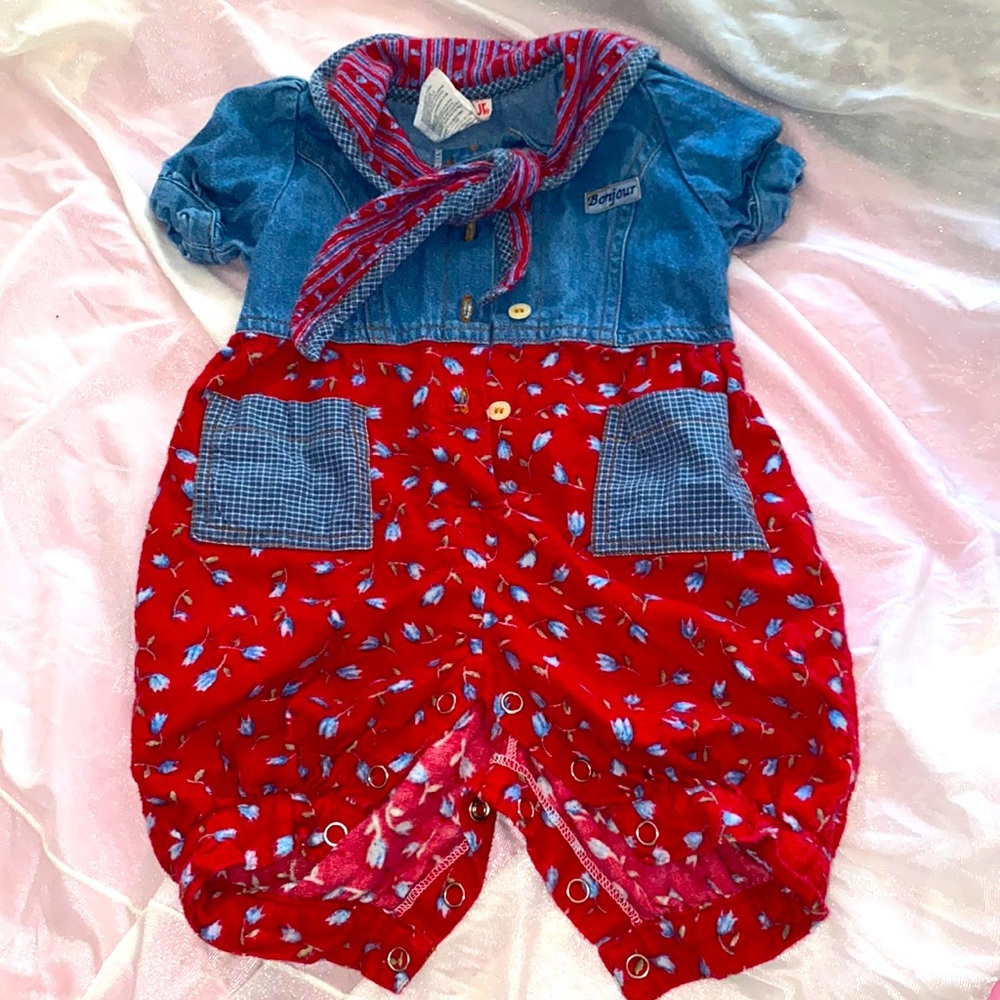 Vintage blue Jean and cotton baby romper
